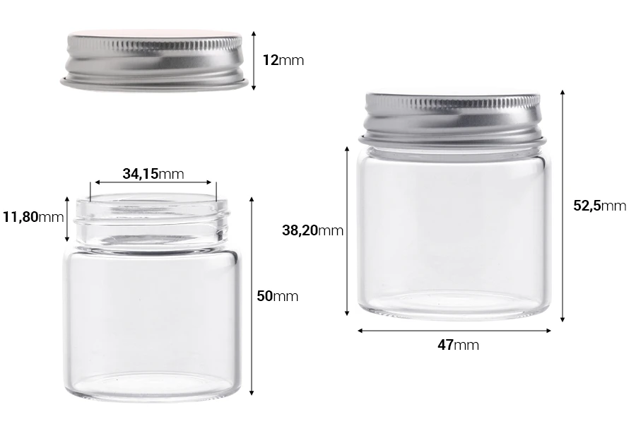 Staklena flašica 50mL sa aluminijumskim zatvaračem - 12 kom-dimenzije_slike