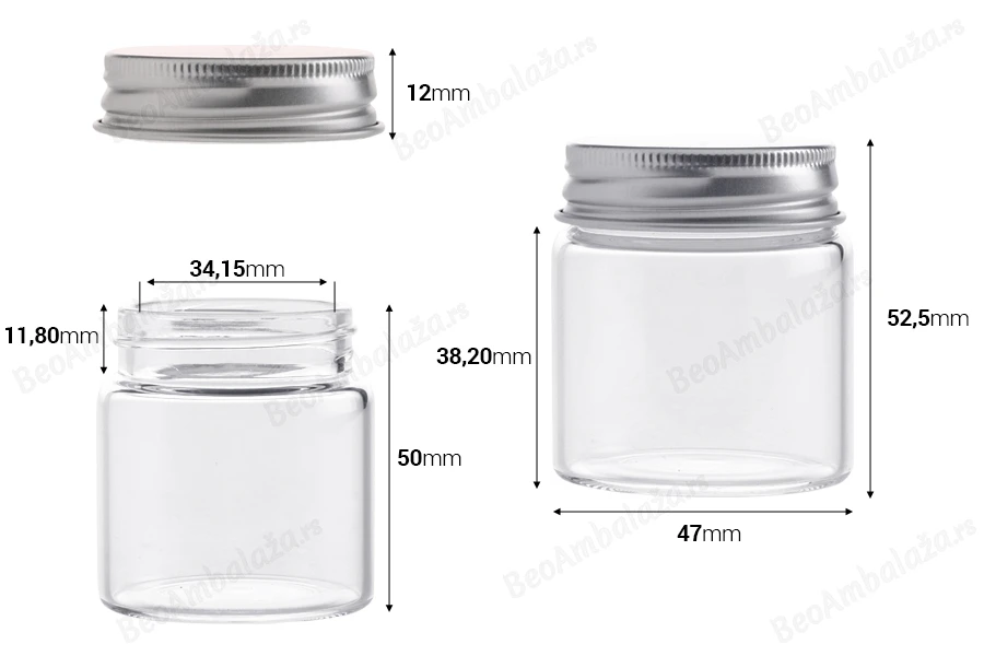 Staklena flašica 50mL sa aluminijumskim zatvaračem - 12 kom-dimenzije_slike