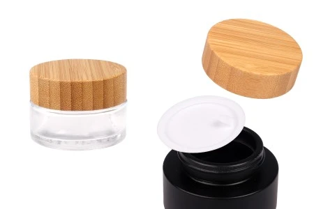 Staklena teglica 30 mL sa zatvaračem od bambusa i plastičnim međupoklopcem, u providnoj ili crnoj boji-1