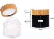 Staklena teglica 50 mL sa zatvaračem od bambusa i plastičnim međupoklopcem, u providnoj ili crnoj boji-dimenzije_slike