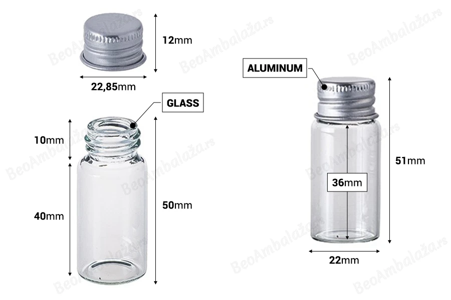 Staklena flašica 10mL sa aluminijumskim zatvaračem - 12 kom-dimenzije_slike