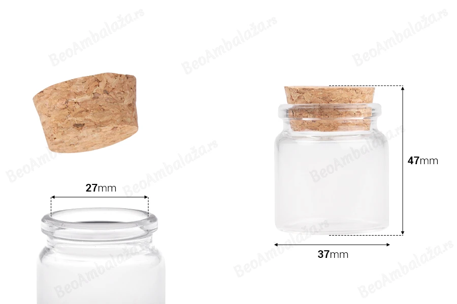 Staklena flašica sa plutanim čepom za poklončiće 20mL, 37x47 mm - 12 kom-dimenzije_slike