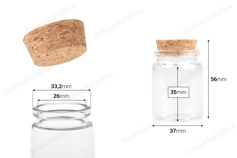 Staklena flašica sa plutanim čepom za poklončiće 40mL, 37x56 mm - 12 kom-dimenzije_slike