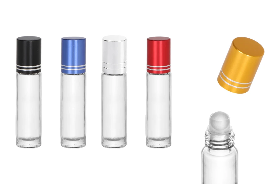 Staklena providna roll-on bočica 10mL sa staklenom kuglicom i zatvaračem u raznim bojama - 12 kom-slika_proizvoda