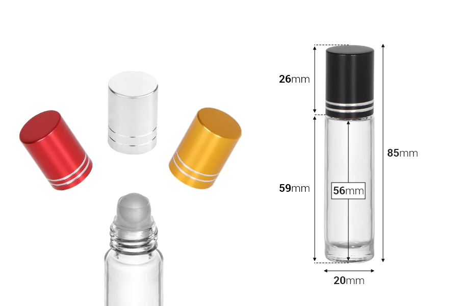 Staklena providna roll-on bočica 10mL sa staklenom kuglicom i zatvaračem u raznim bojama - 12 kom-dimenzije_slike