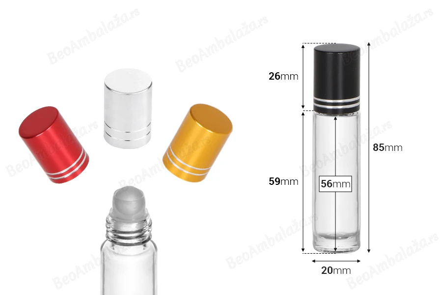Staklena providna roll-on bočica 10mL sa staklenom kuglicom i zatvaračem u raznim bojama - 12 kom-dimenzije_slike