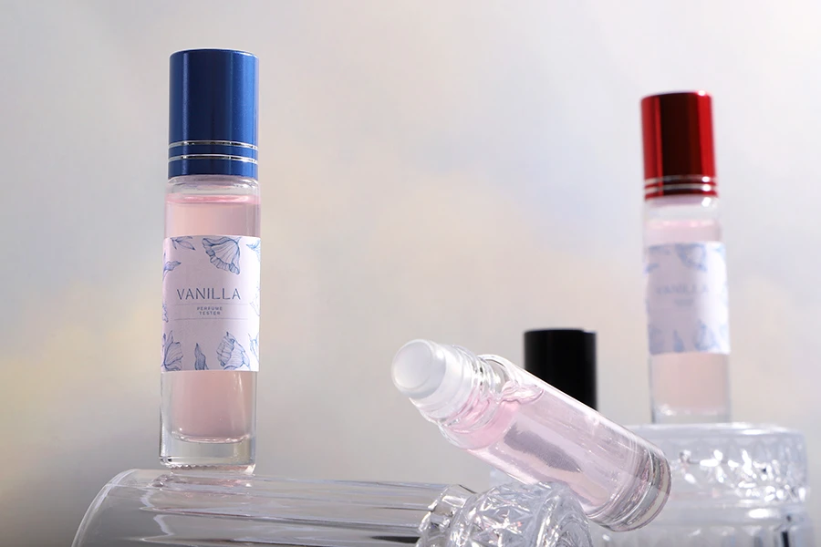 Staklena providna roll-on bočica 10mL sa staklenom kuglicom i zatvaračem u raznim bojama - 12 kom-grupa_slika