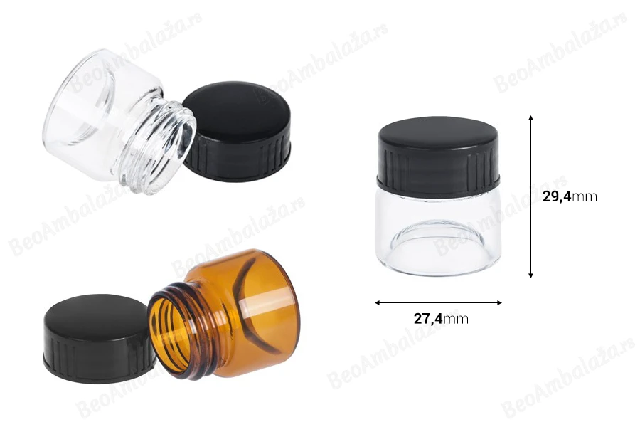 Staklena teglica 5mL, providna ili u karamel boji, sa plastičnim crnim zatvaračem-grupa_slika