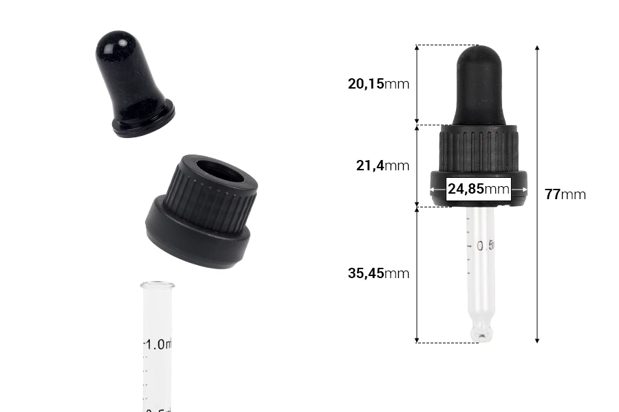 Pipeta od 10mL sa crnim i širokim sigurnosnim zatvaračem, oznakama za zapreminu i MAT ili sjajnom crnom gumicom - pojedinačno pakovanje