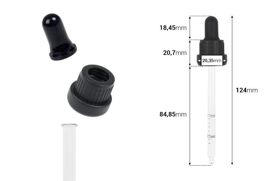 Pipeta od 100mL sa crnim i širokim sigurnosnim zatvaračem, oznakama za zapreminu i MAT ili sjajnom crnom gumicom - pojedinačno pakovanje Pipeta od 100mL sa crnim i širokim sigurnosnim zatvaračem, oznakama za zapreminu i MAT ili sjajnom crnom gumicom - pojedinačno pakovanje