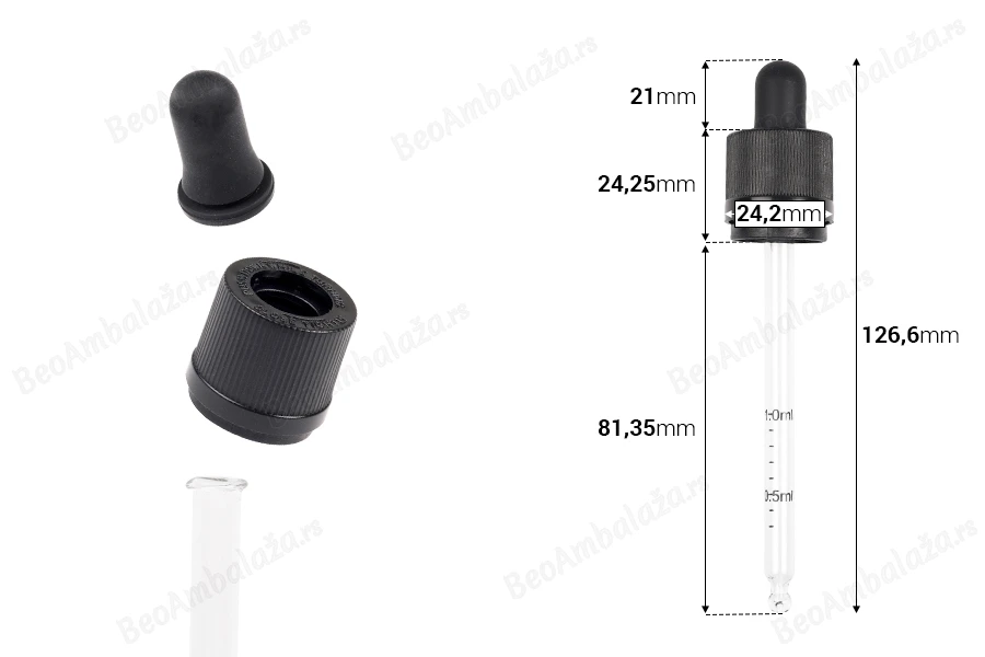 Pipeta od 100mL sa crnim CRC navojnim prstenom, oznakama za zapreminu i MAT crnom gumicom - pojedinačno pakovanje-dimenzije_slike