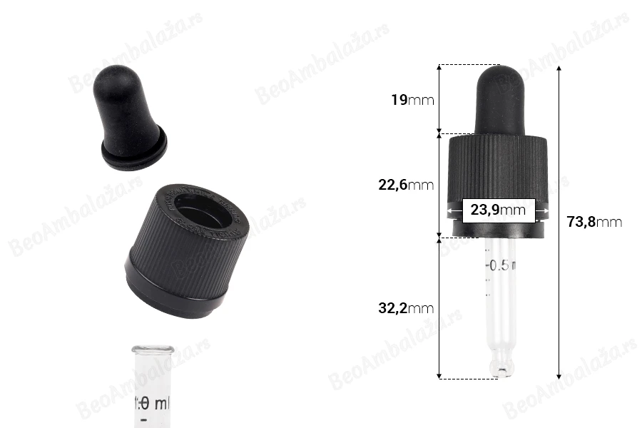 Pipeta od 10mL sa crnim CRC navojnim prstenom, oznakama za zapreminu i MAT crnom gumicom - pojedinačno pakovanje-dimenzije_slike
