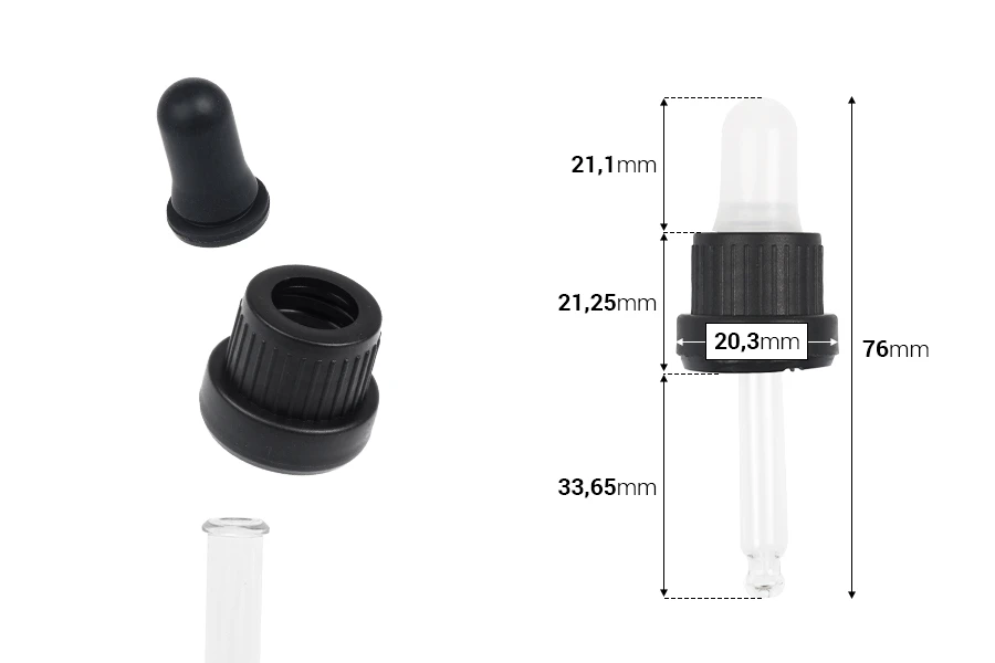 Pipeta od 10mL sa crnim širokim sigurnosnim zatvaračem, bez oznaka za zapreminu i crnom MAT ili crnom sjajnom gumicom - pojedinačno pakovanje Pipeta od 10mL sa crnim širokim sigurnosnim zatvaračem, bez oznaka za zapreminu i crnom MAT ili crnom sjajnom gumicom - pojedinačno pakovanje