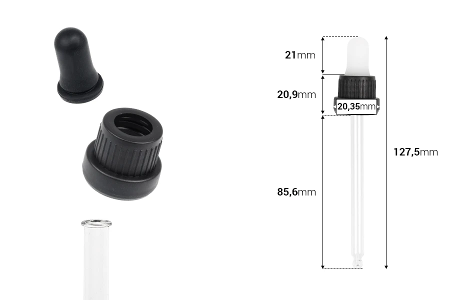 Pipeta od 100mL sa crnim širokim sigurnosnim zatvaračem, bez oznaka za zapreminu i crnom MAT ili provvidnom gumicom - pojedinačno pakovanje Pipeta od 100mL sa crnim širokim sigurnosnim zatvaračem, bez oznaka za zapreminu i crnom MAT ili provvidnom gumicom - pojedinačno pakovanje