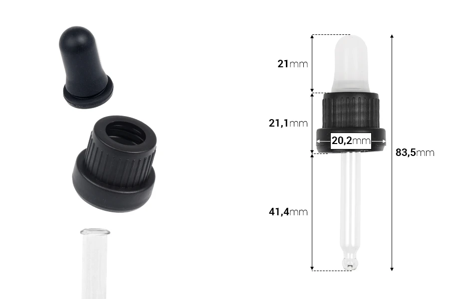 Pipeta od 15mL sa crnim širokim sigurnosnim zatvaračem, MAT crnom ili providnom gumicom i cevčicom bez oznaka za zapreminu - pojedinačno pakovanje Pipeta od 15mL sa crnim širokim sigurnosnim zatvaračem, MAT crnom ili providnom gumicom i cevčicom bez oznaka za zapreminu - pojedinačno pakovanje