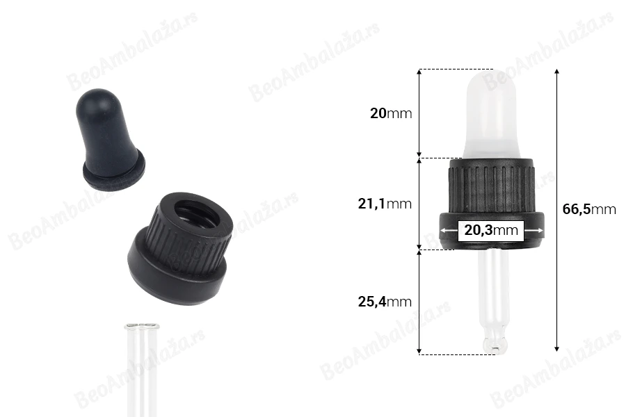 Pipeta od 5mL sa crnim širokim sigurnosnim zatvaračem, providnom ili MAT crnom gumicom i cevčicom bez oznaka za zapreminu - pojedinačno pakovanje-dimenzije_slike