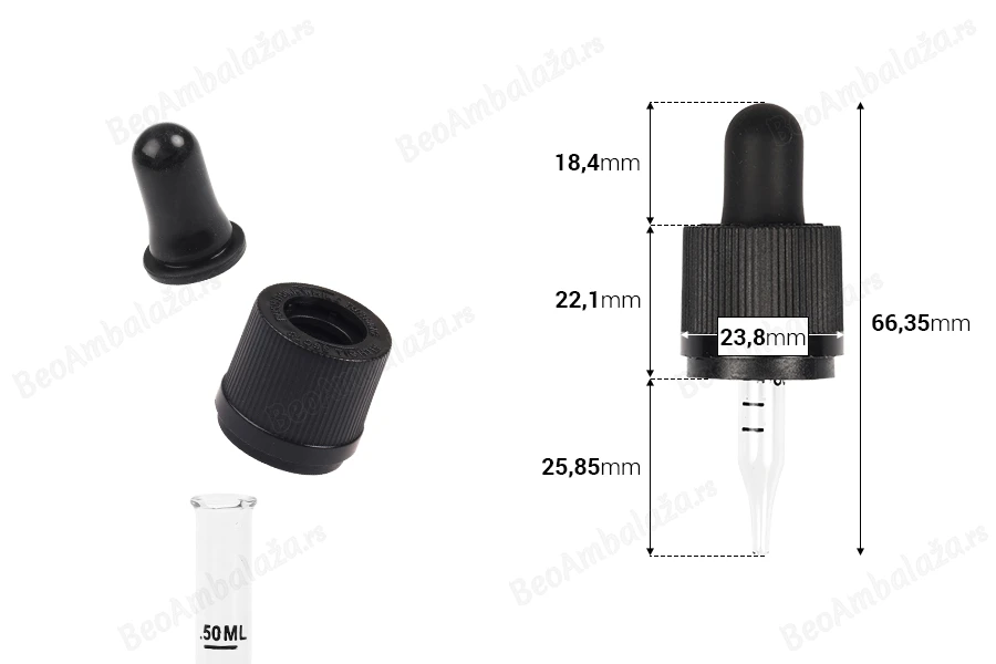 Pipeta od 5mL sa špicastim vrhom, sigurnosnim CRC zatvaranjem, mernim oznakama za zapreminu i MAT ili sjajnom crnom gumicom - pojedinačno pakovanje-dimenzije_slike