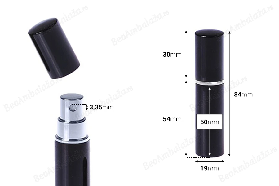 Staklena flašica 5mL sa sprejom za parfem, u aluminijumskoj tubici - 5 kom-dimenzije_slike