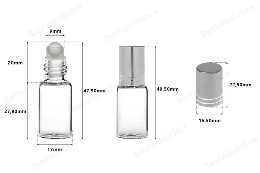 Staklena roll-on bočica 5mL sa staklenom kuglicom i zatvaračem u raznim bojama - 6 kom-dimenzije_slike