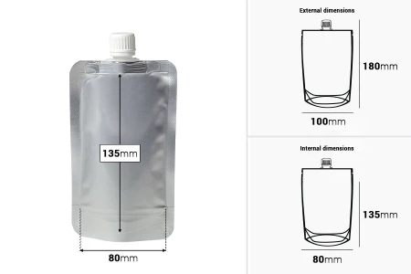 Aluminijumska DoyPack kesica za tečnost od 200ml sa belim plastičnim sigurnosnim zatvaračem – 50 kom-dimenzije_slike
