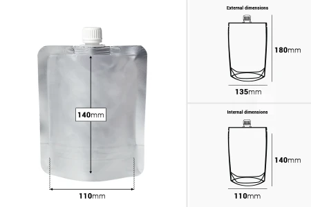 Aluminijumska DoyPack kesica za tečnost od 300ml sa belim plastičnim zatvaračem – 50 kom-dimenzije_slike