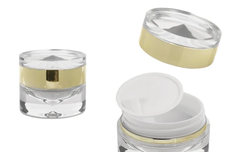 Luksuzna providno-zlatna akrilna teglica 50 mL sa duplim dnom za kremu, sa akrilnim zatvaračem i plastičnim međupoklopcem-1