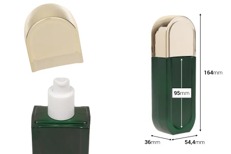 Staklena bočica od 100 mL u mat zelenoj boji sa belom pumpicom i zlatnim zatvaračem-dimenzije_slike