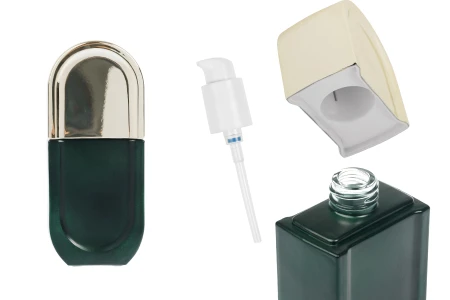 Staklena bočica od 40 mL u mat zelenoj boji sa belom pumpicom i zlatnim zatvaračem-slika_proizvoda