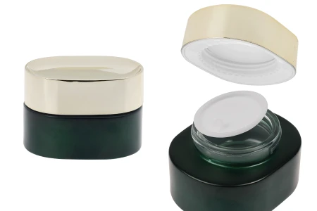 Staklena teglica od 50 mL u mat zelenoj boji sa zlatnim zatvaračem (sa unutrašnjom zaptivkom) i plastičnim međupoklopcem-slika_proizvoda