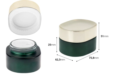Staklena teglica od 50 mL u mat zelenoj boji sa zlatnim zatvaračem (sa unutrašnjom zaptivkom) i plastičnim međupoklopcem-dimenzije_slike