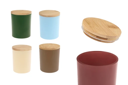 Staklena teglica od 300 mL sa bambus poklopcem sa gumom u raznim mat bojama-slika_proizvoda