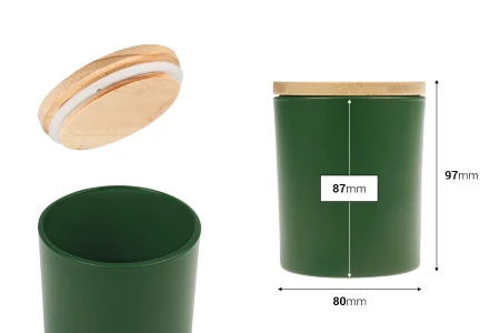 Staklena teglica od 300 mL sa bambus poklopcem sa gumom u raznim mat bojama-dimenzije_slike