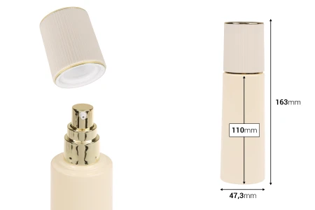Luksuzna staklena bočica bež mat boje 100mL sa zlatnom pumpicom za kreme i zatvaračem-dimenzije_slike