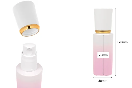 Luksuzna staklena bočica 30mL ljubičasto bele boje sa pumpicom za kreme i akrilnim zatvaračem-dimenzije_slike