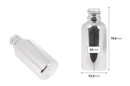 Staklena bočica za etarska ulja 30 mL sa PP18 grlom, u zlatnoj ili srebrnoj boji-dimenzije_slike