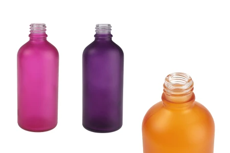 Staklena bočica od peskiranog stakla u više boja za etarska ulja 100mL, sa grlom PP18-1
