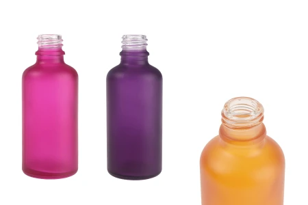 Staklena bočica od peskiranog stakla u više boja za etarska ulja 50mL, sa grlom PP18-1
