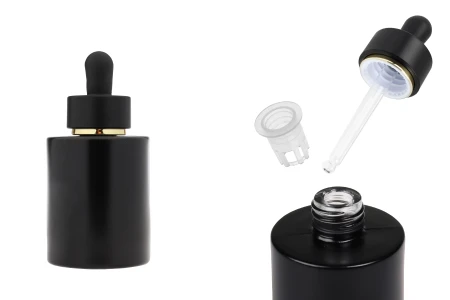 Mat crna staklena bočica od 50 mL sa mat crnom pipetom sa zlatnom linijom i drenažnim elementom-slika_proizvoda