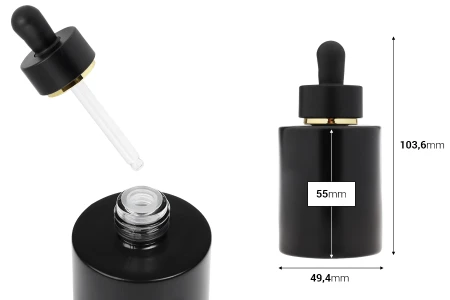 Mat crna staklena bočica od 50 mL sa mat crnom pipetom sa zlatnom linijom i drenažnim elementom-dimenzije_slike