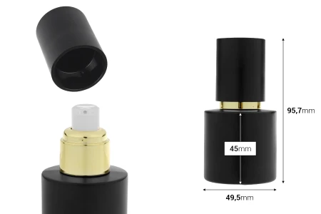 Mat crna staklena bočica od 30 mL sa zlatnom pumpicom za kreme i mat crnim poklopcem-dimenzije_slike