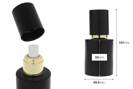 Mat crna staklena bočica od 50 mL sa zlatnim sprejom i mat crnim zatvaračem-dimenzije_slike