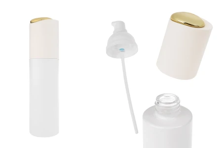 Luksuzna bočica 100mL u mat beloj boji sa pumpicom za kreme i poklopcem sa zlatnim detaljem-slika_proizvoda