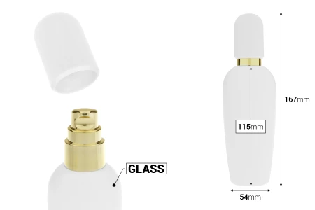 Luksuzna bočica 100mL u mat beloj boji sa zlatnom pumpicom za kreme i mat belim poklopcem-dimenzije_slike