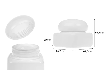 Staklena bela teglica 50mL sa zatvaračem (sa unutrašnjom zaptivkom) i plastičnim međupoklopcem-dimenzije_slike