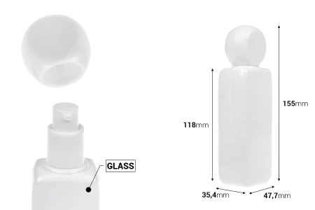 Staklena bela flašica 100mL sa pumpicom za kreme i poklopcem-dimenzije_slike