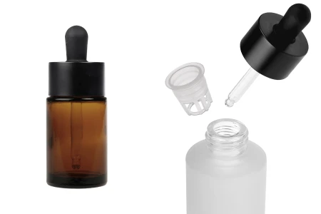 Staklena bočica od 30mL sa crnom mat pipetom i drenažnim elementom-slika_proizvoda