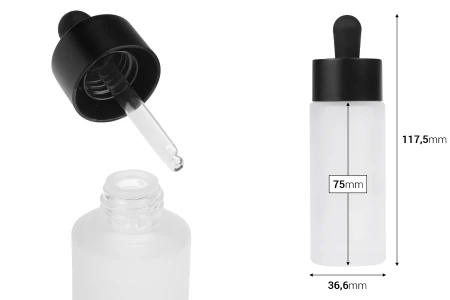 Staklena bočica od 50mL sa crnom mat pipetom i drenažnim elementom-dimenzije_slike