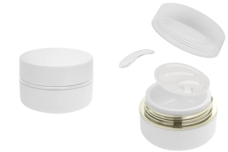 Plastična (PP) kutijica 30mL za kreme u beloj MAT boji sa belim MAT poklopcem, spatulom i plastičnim međupoklopcem-1