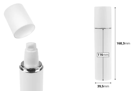 Bela MAT bočica od 100mL sa srebrnom ili zlatnom linijom, sa pumpicom za kreme i belim MAT zatvaračem-dimenzije_slike
