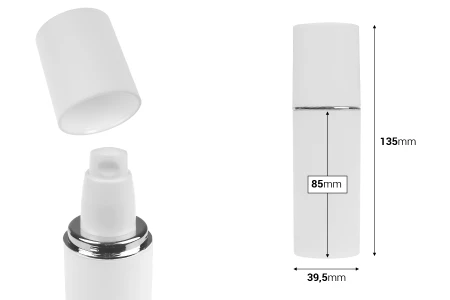 Bela MAT bočica od 50mL sa srebrnom ili zlatnom linijom, sa pumpicom za kreme i belim MAT zatvaračem-dimenzije_slike